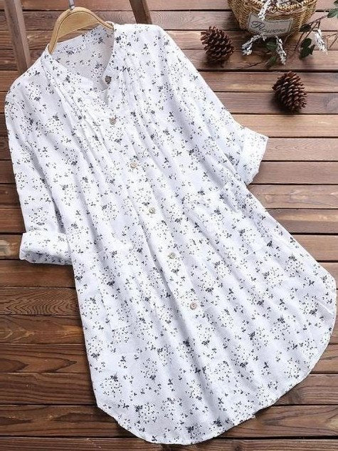 Women's Long Sleeve Shirt Spring/Fall White Floral Printing Stand Collar Daily Going Out Casual Top