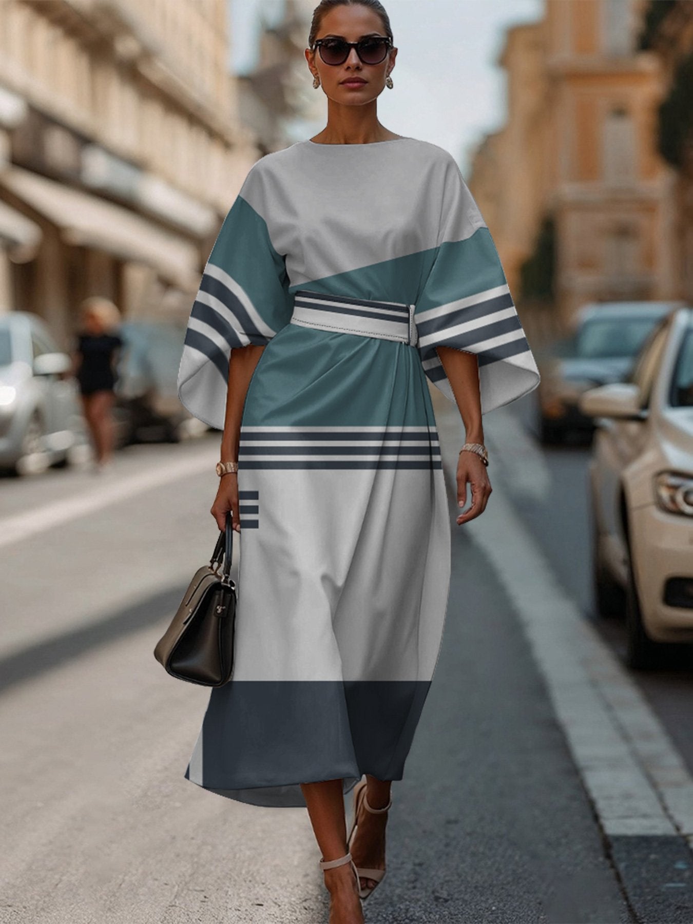 Dolman Sleeve Multicolor Block Regular Fit Vintage Crew Neck Dress With Belt