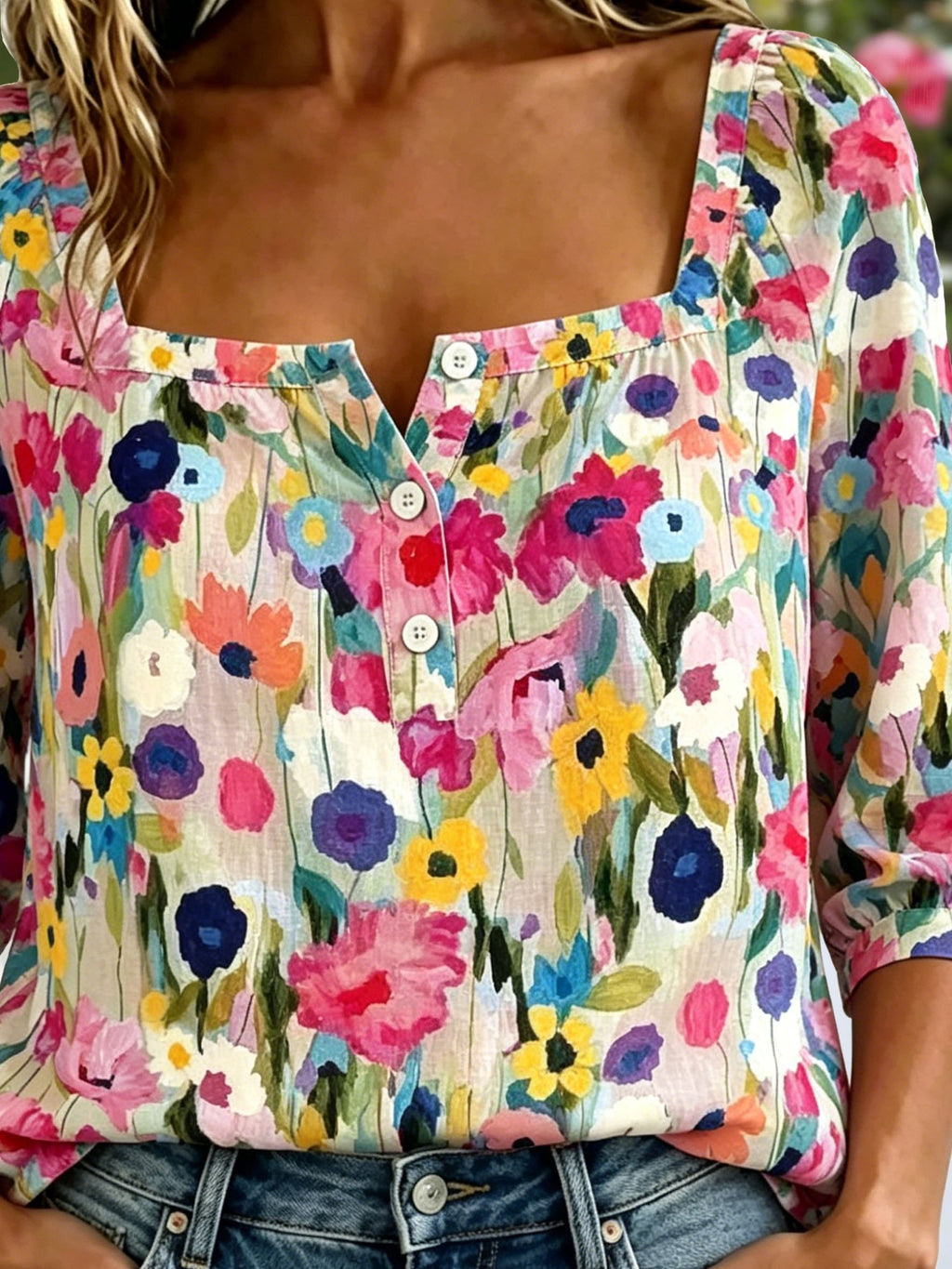 Women's Three Quarter Sleeve Blouse As Picture Floral Printing Square Neck Daily Going Out Vintage Top