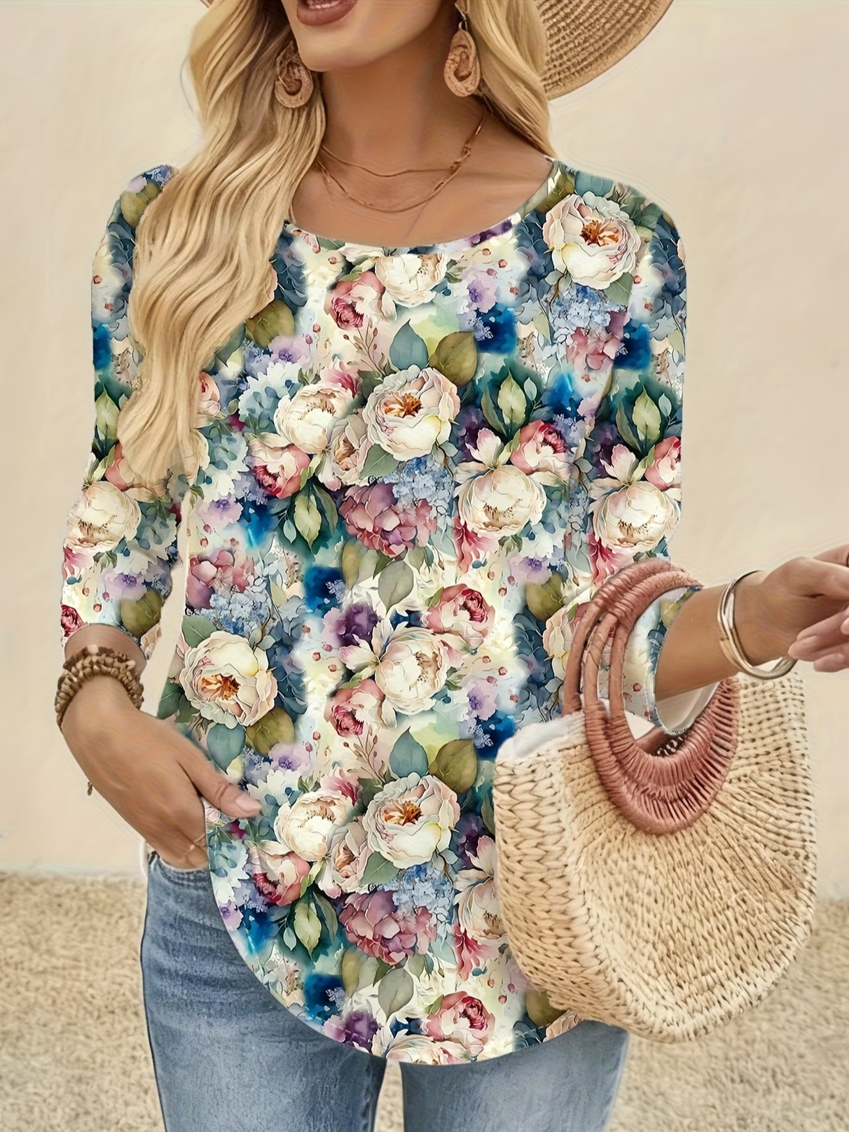 Women's Long Sleeve T-shirt Spring/Fall As Picture Floral Printing Jersey Crew Neck Daily Going Out Casual Top