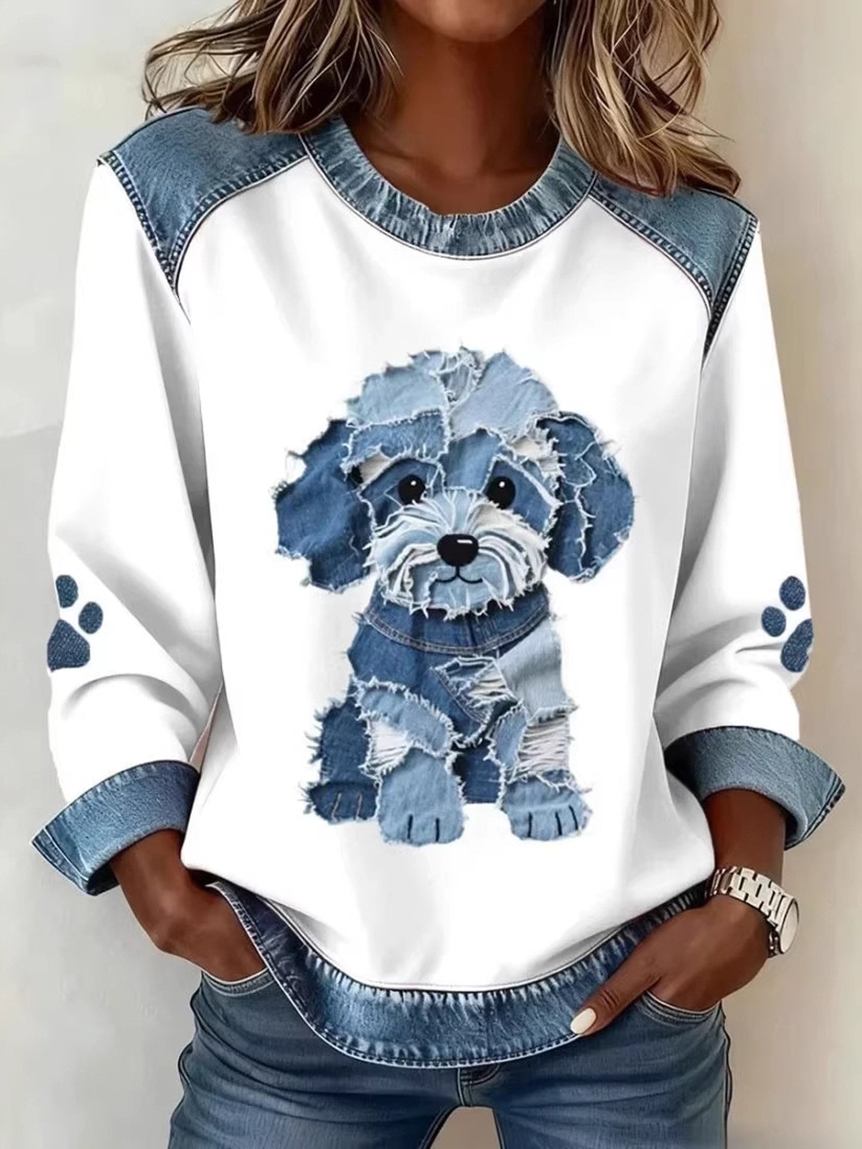 Denim Color Block Animal Crew Neck Long Sleeve Going Out Casual Sweatshirt