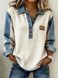 Denim Color Block Long Sleeve Shawl Collar Going Out Casual Sweatshirt