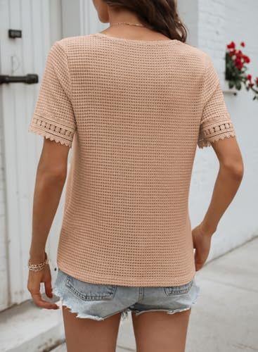 Knitted Lace Block V Neck Short Sleeve Casual T-Shirt