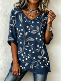 Botanical Pattern V Neck Elegant Loose Shirt