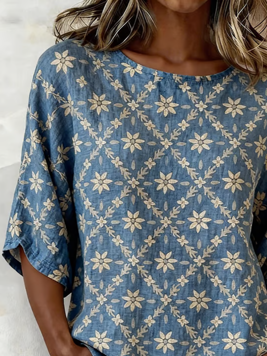 Women's Half Sleeve Blouse Summer Blue Floral Printing Crew Neck Daily Going Out Vintage Top
