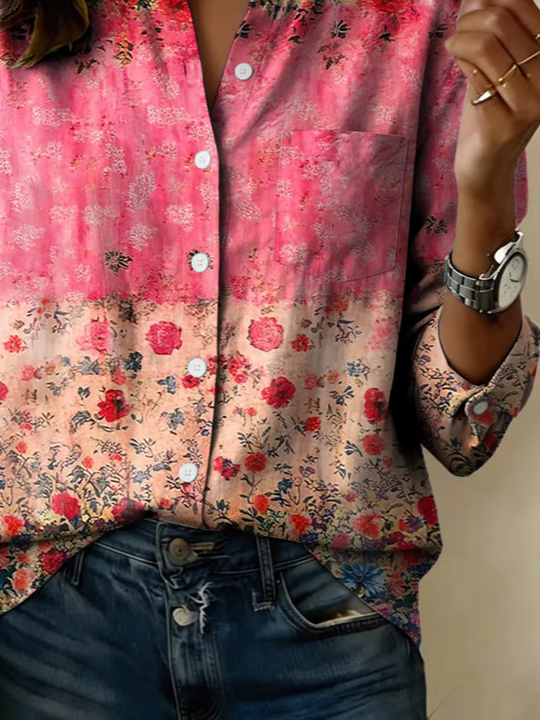 Women's Long Sleeve Shirt Spring/Fall Deep Pink Floral Stand Collar Daily Going Out Casual Top