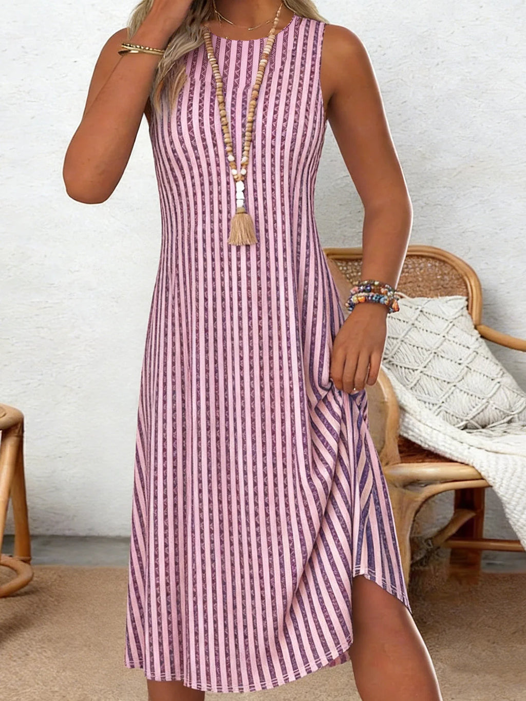 Women's Casual Sleeveless Striped Midi Dress Pink Purple Boho Summer A-Line Tank Dress for Beach Vacation