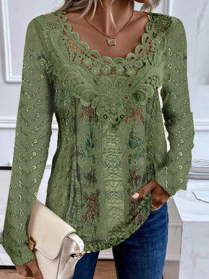 Casual Random Print Crew Neck Lace Shirt