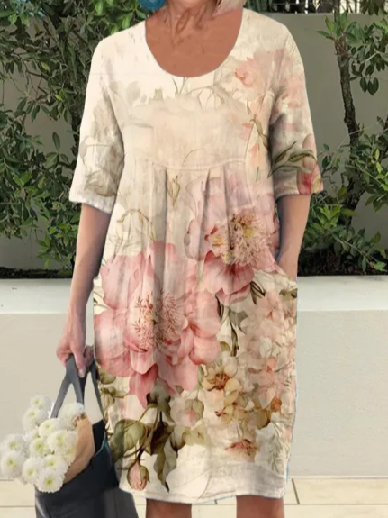 Vintage Crew Neck Loose Floral Dress With No