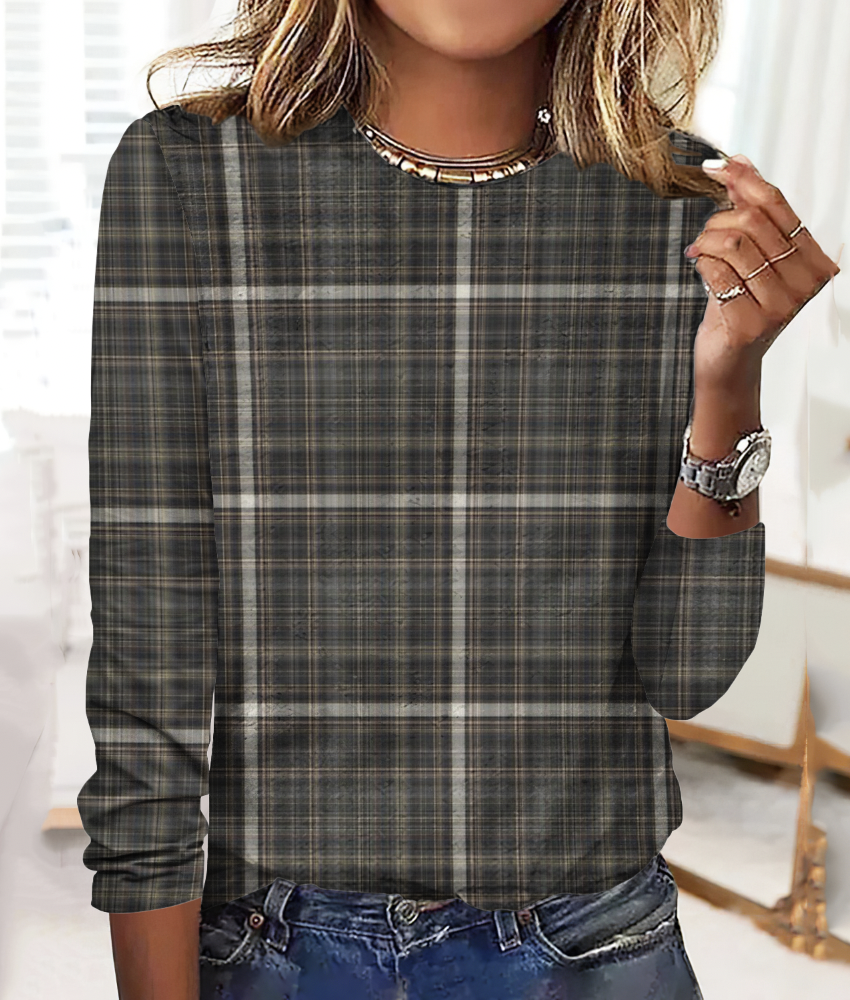 Retro plaid casual long sleeved T-shirt