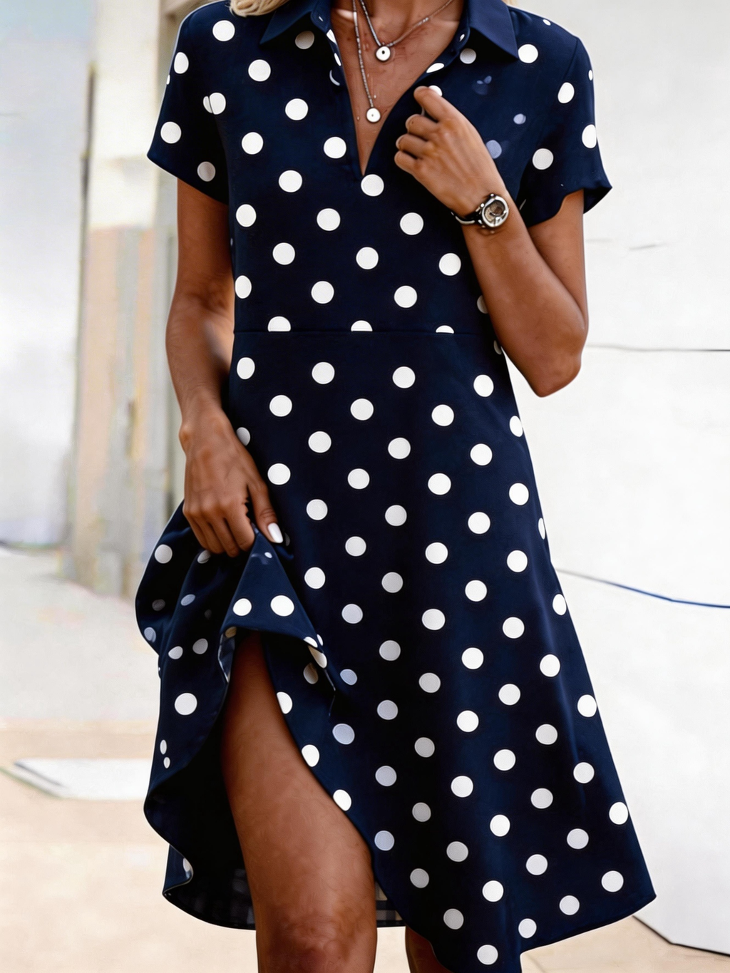 Polka Dots Loose Casual Shirt Collar Dress With No
