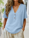 Women's Short Sleeve T-shirt Summer Blue Plain Split Joint V Neck Daily Going Out Casual Top