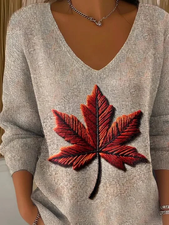 Women's Long Sleeve T-shirt Spring/Fall Oatmeal Maple Leaf Printing V Neck Daily Going Out Casual Top