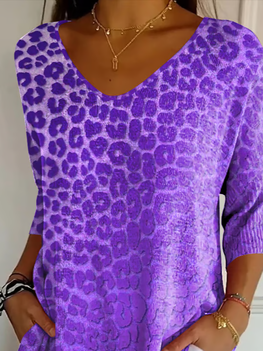 Women's Three Quarter Sleeve T-shirt Spring/Fall Purple Leopard Printing V Neck Daily Going Out Casual Top