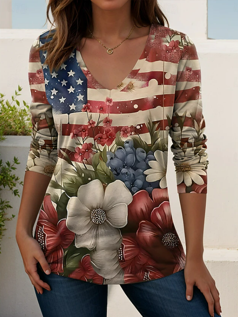 Women's Long Sleeve T-shirt Spring/Fall As Picture America Flag Printing V Neck Holiday Going Out Casual Top