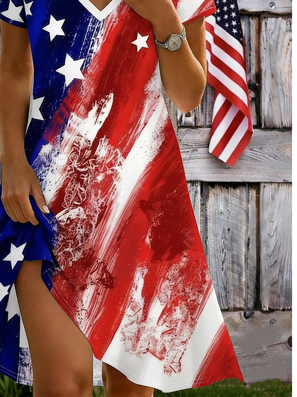 V Neck Independence Day Casual Loose Dress With No