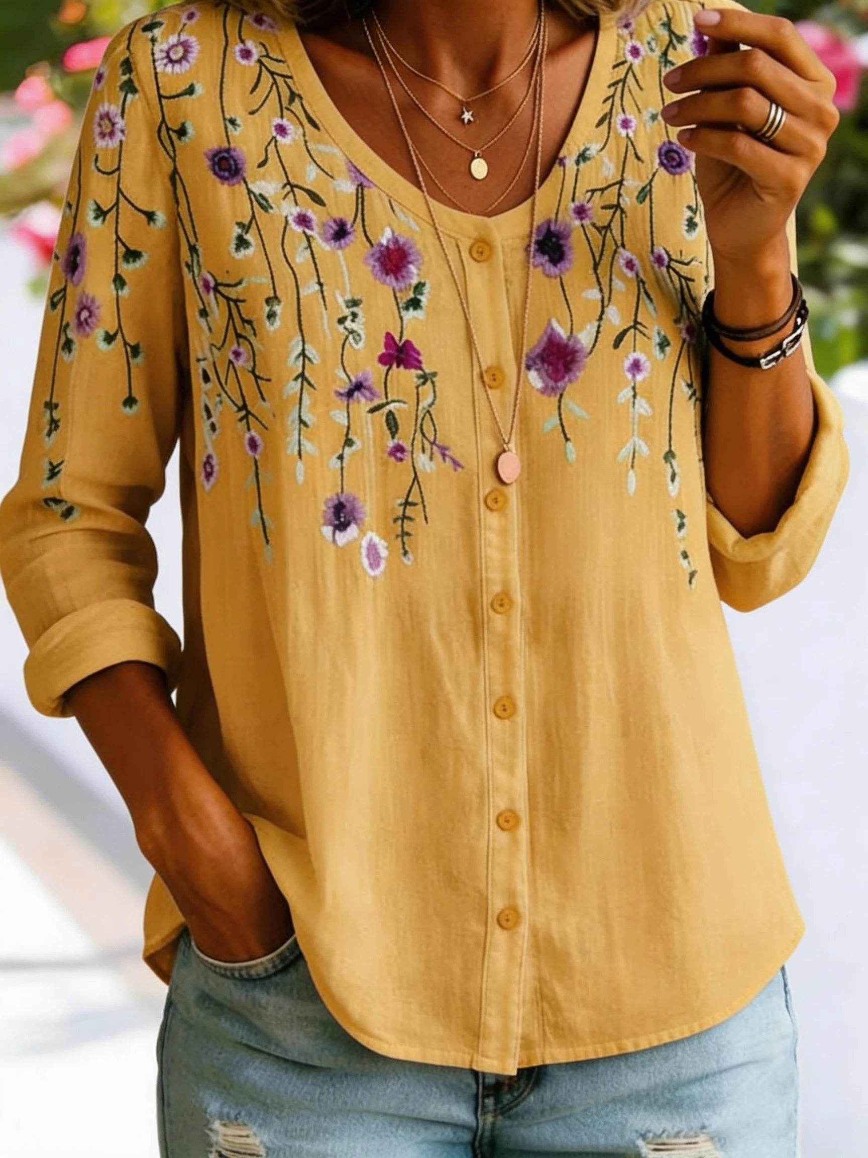 Women’s 3D Floral Print Button-Up Long Sleeve blouse