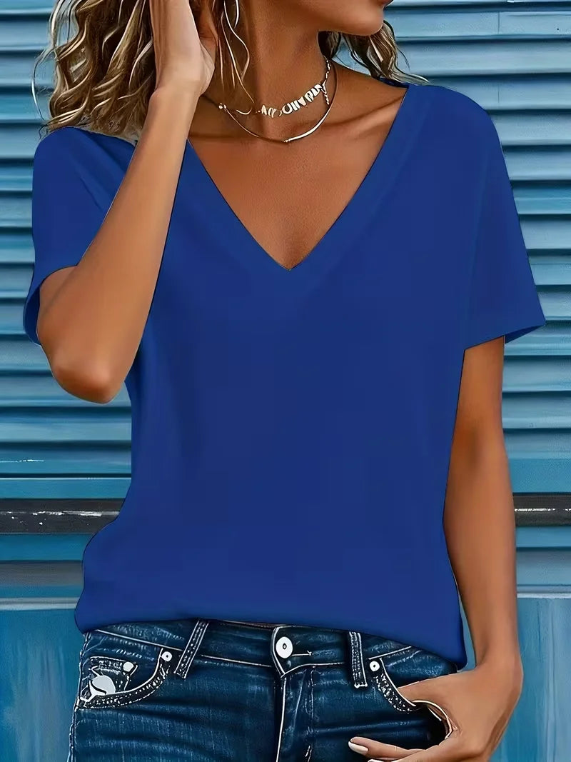 Women's Short Sleeve T-shirt Summer Blue Plain Printing V Neck Holiday Going Out Vintage Top