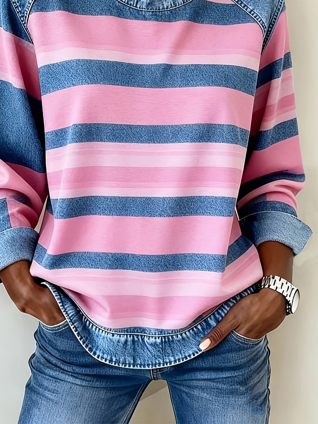 Women's Abstract Stripes Print Patchwork Denim Crewneck Long-Sleeved Sweatshirt