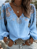 Women's Long Sleeve Blouse Spring/Fall Blue Floral Printing V Neck Daily Going Out Casual Top