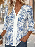 Blue Floral V Neck Ruffle Summer Going Out Casual Top