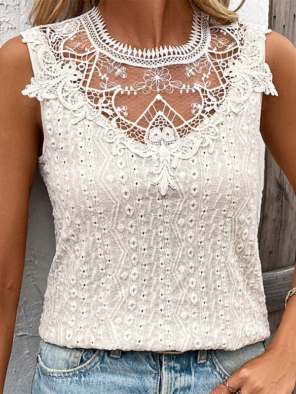 Women's Sleeveless Tank Top Summer Apricot Plain Lace Crew Neck Daily Going Out Simple Top
