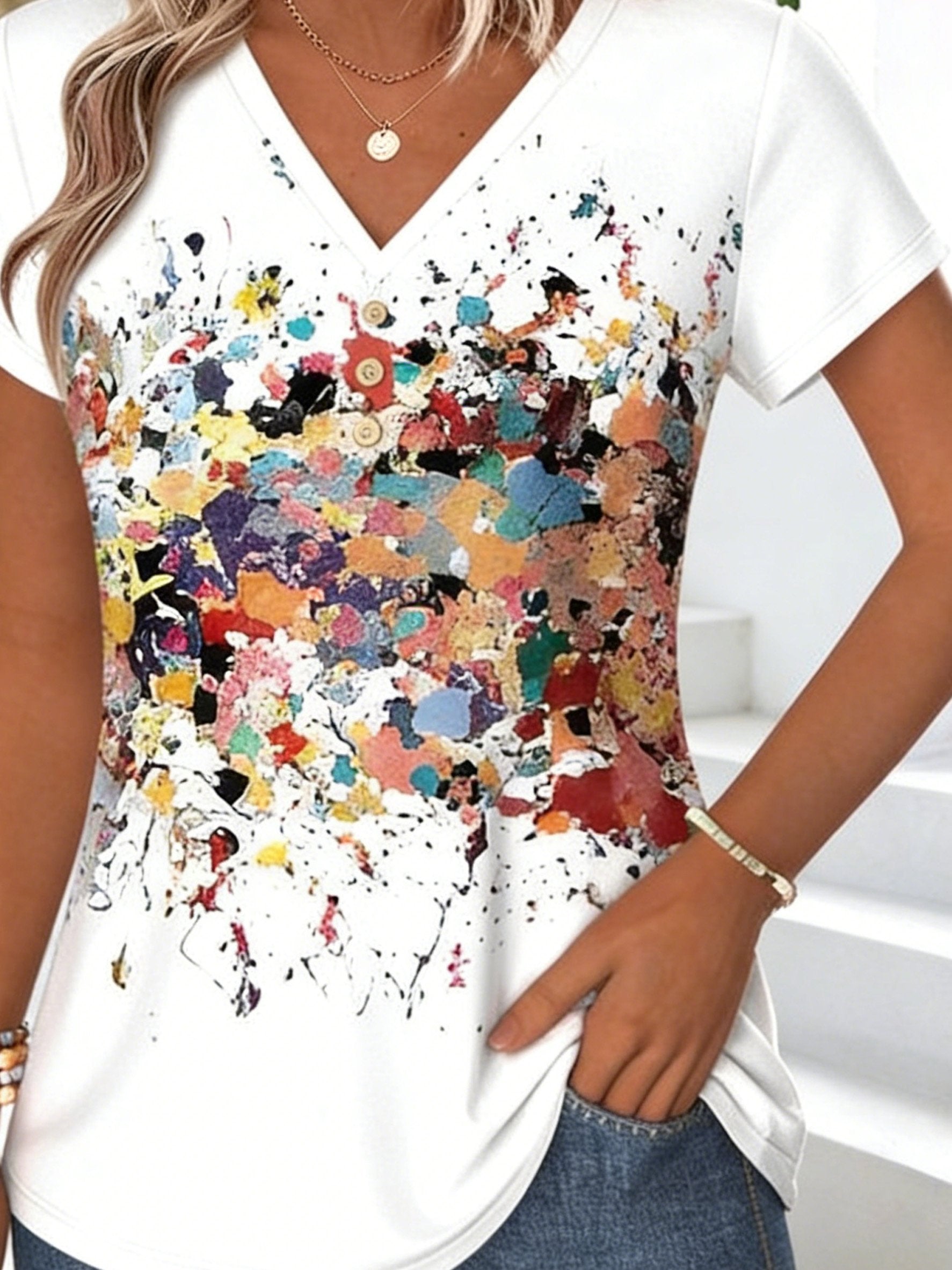 Abstract Random Print Jersey Casual V Neck T-Shirt