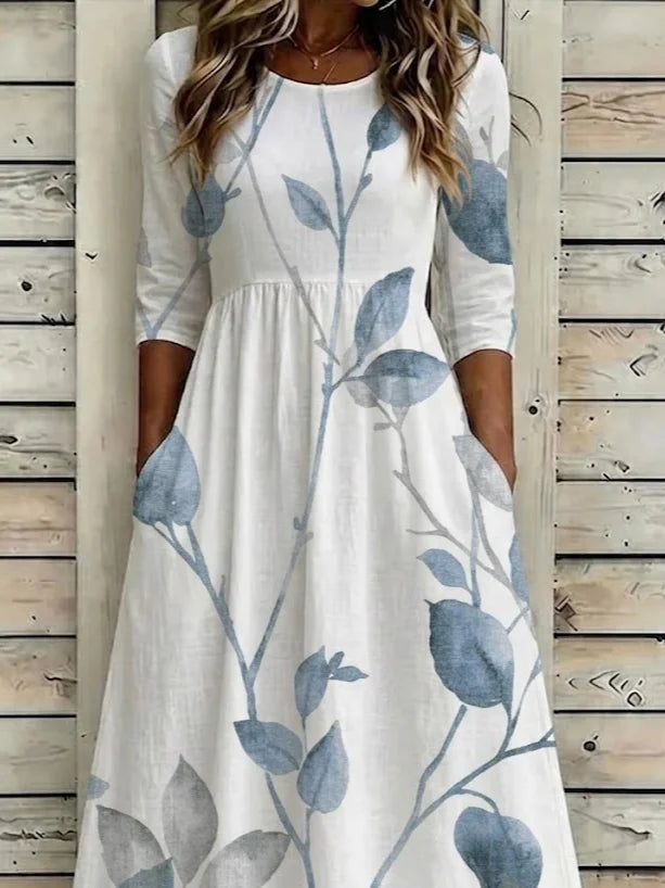 Women's Half Sleeve Summer White Floral Printing Crew Neck Daily Going Out Casual Maxi H-Line Dress