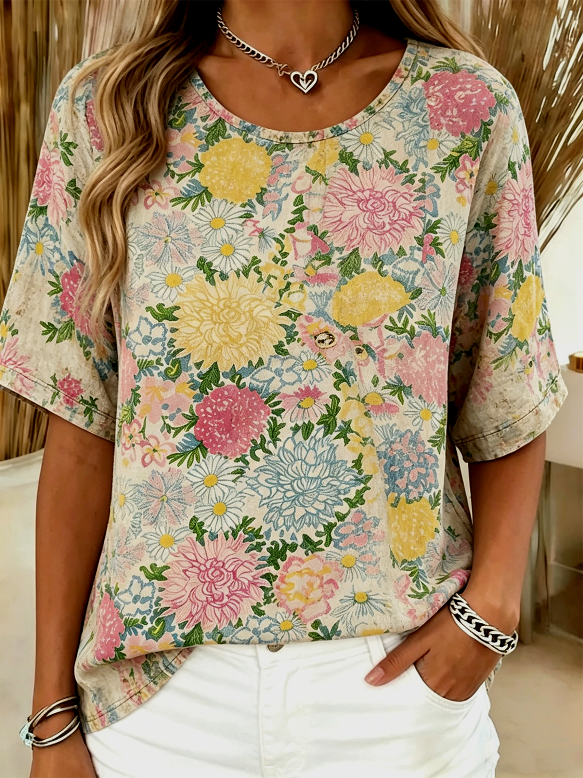 Floral Casual Cotton-Blend Crew Neck T-Shirt
