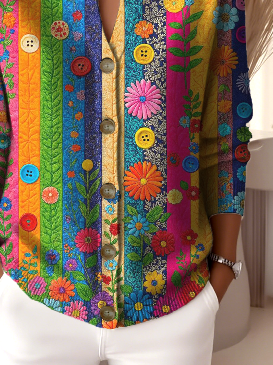 Colorful Floral Print Long Sleeve Button Down Cardigan Boho Casual Cardigan