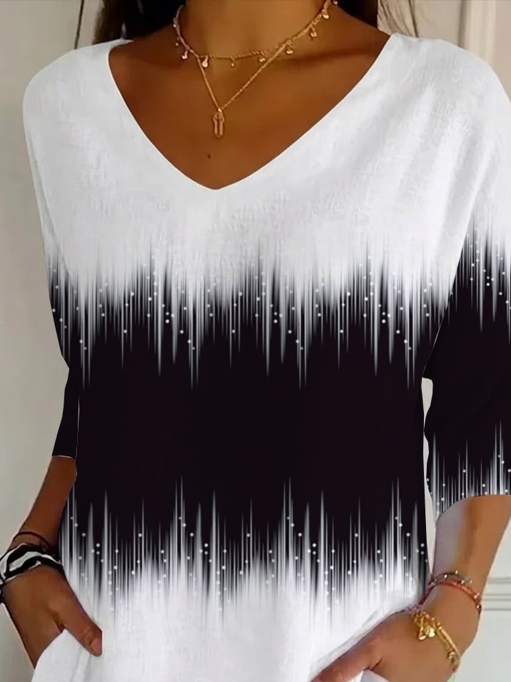 Women's Three Quarter Sleeve T-shirt Spring/Fall Black-white Abstract Printing V Neck Daily Going Out Casual Top