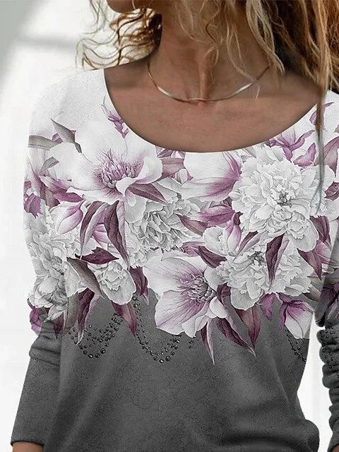 Women's Long Sleeve T-shirt Spring/Fall Gray Floral Printing Jersey Crew Neck Daily Going Out Casual Top