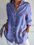 Women's Long Sleeve Shirt Spring/Fall Blue Purple Floral Buckle Shirt Collar Regular Sleeve Daily Going Out Casual Top