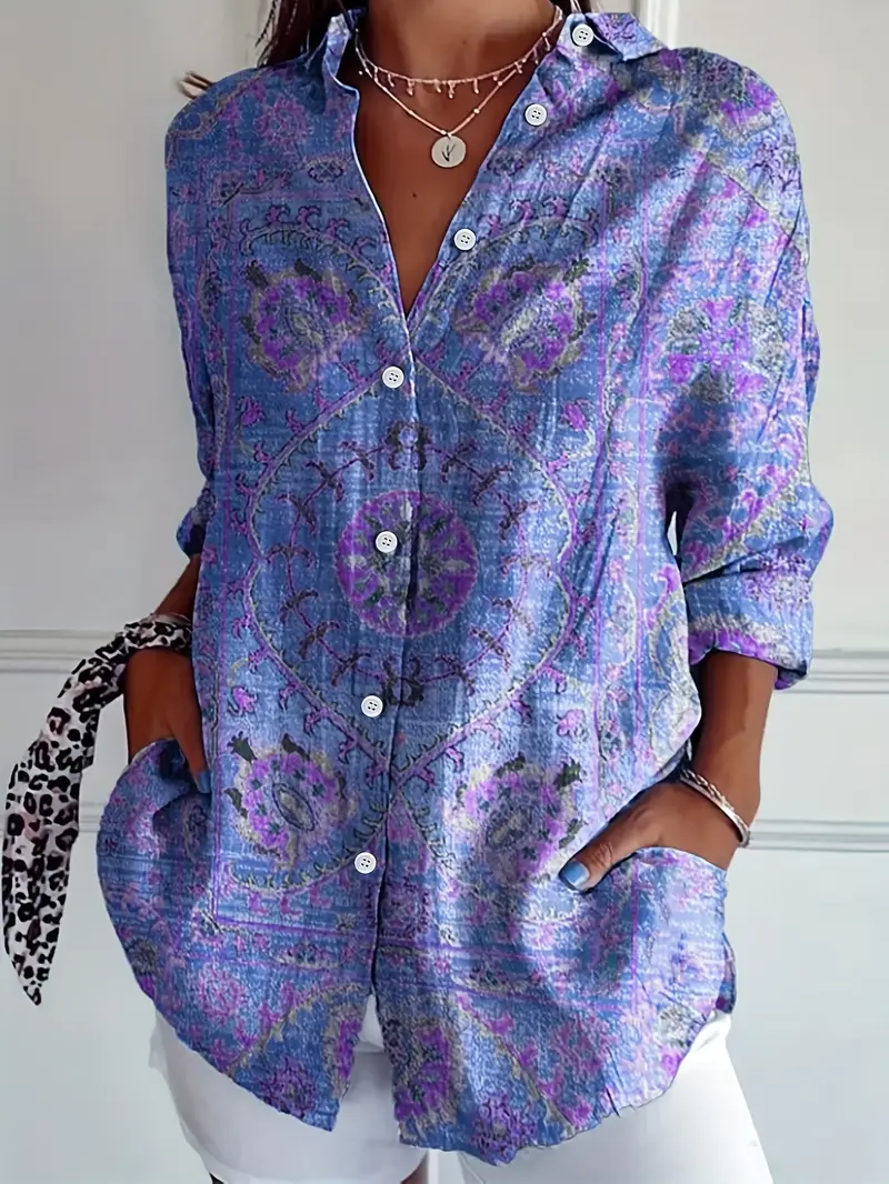 Women's Long Sleeve Shirt Spring/Fall Blue Purple Floral Buckle Shirt Collar Regular Sleeve Daily Going Out Casual Top