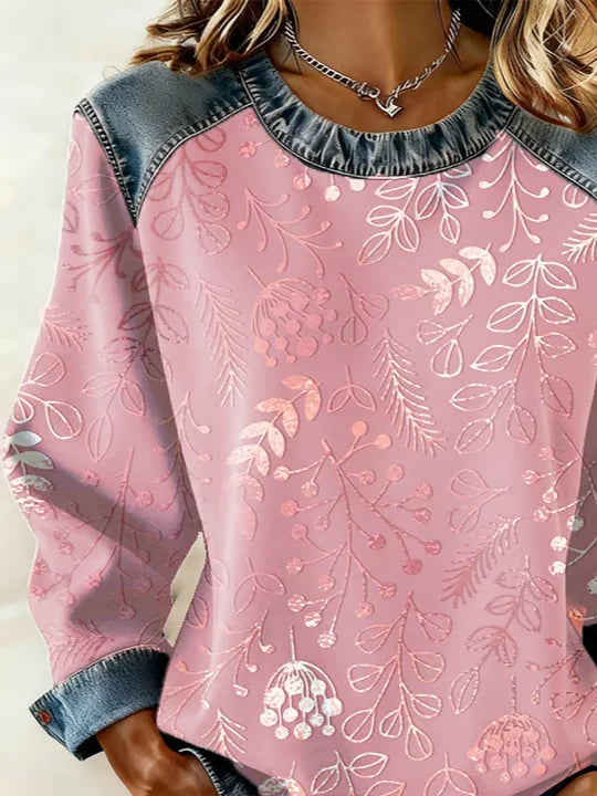 Women's Flower Stripes Print Patchwork Denim Crewneck Long-Sleeved Sweatshirt