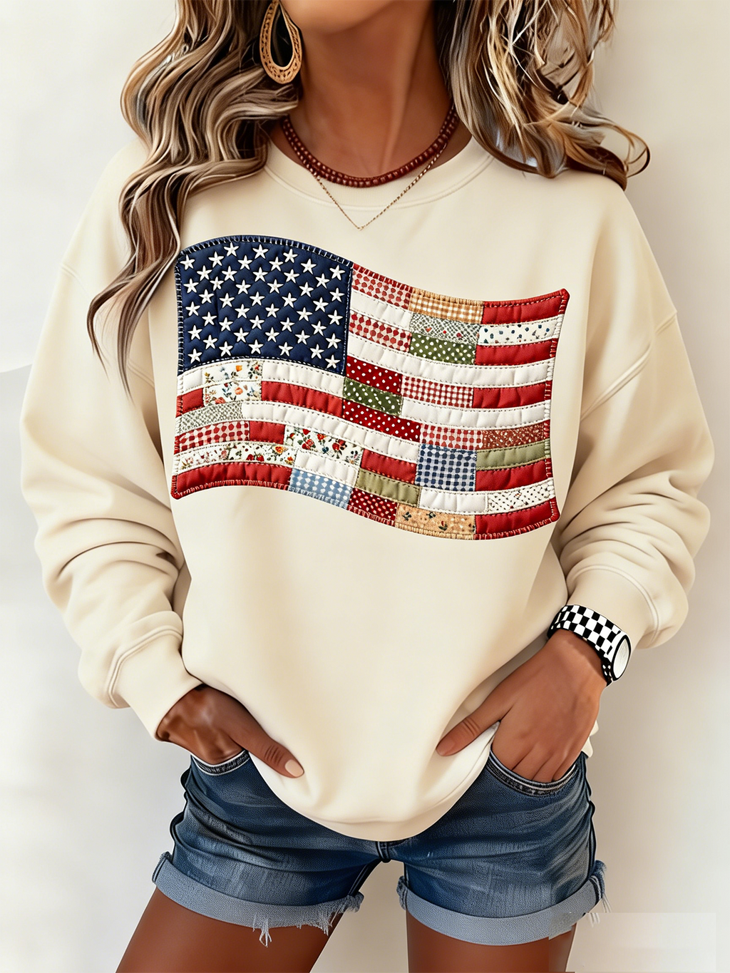 Loose Crew Neck Independence Day Casual Sweatshirt