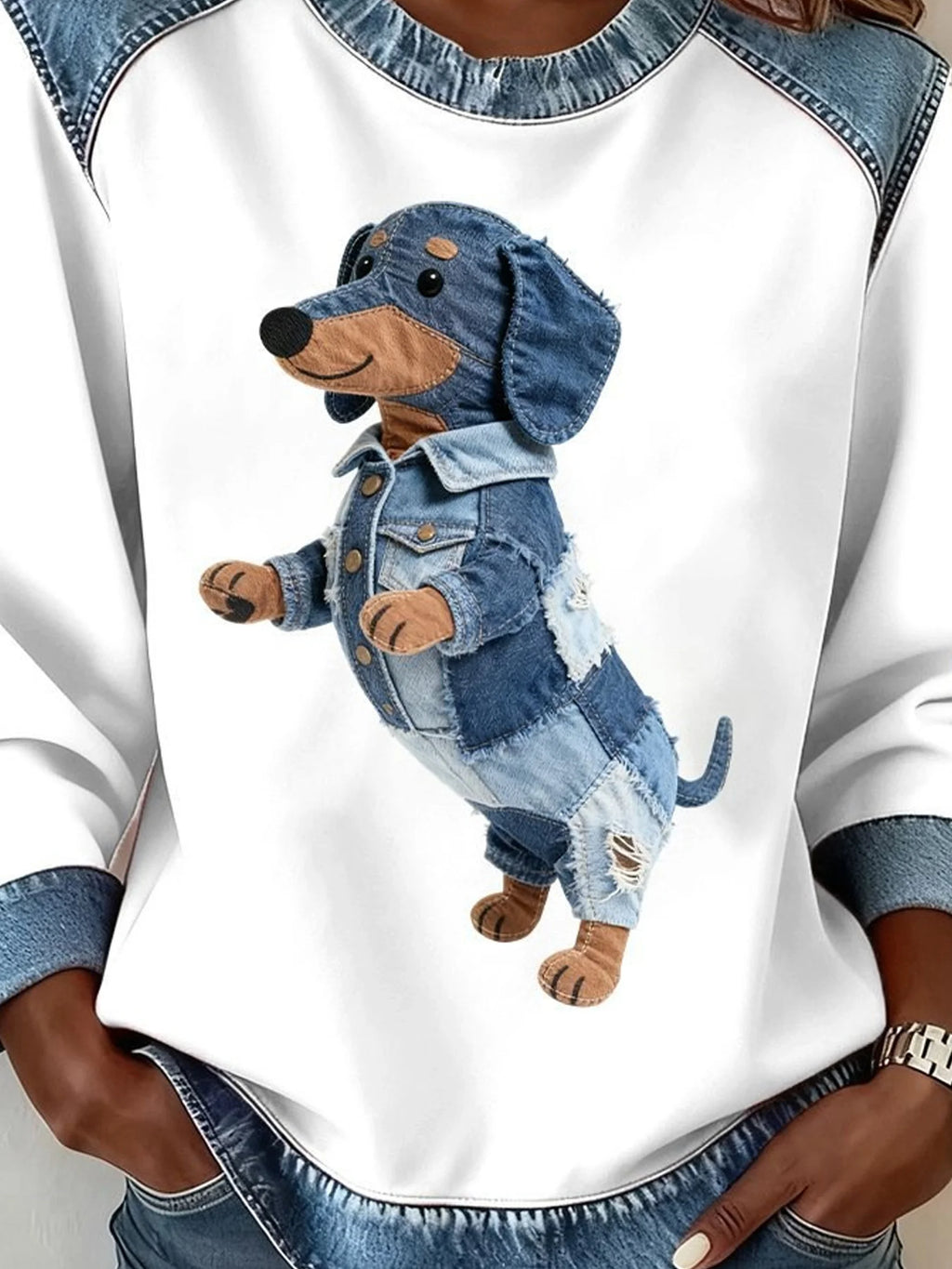Denim Color Block Animal Crew Neck Long Sleeve Going Out Casual Sweatshirt