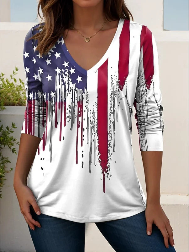 Women's Long Sleeve T-shirt Spring/Fall White America Flag Printing V Neck Holiday Going Out Casual Top