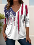 Women's Long Sleeve T-shirt Spring/Fall White America Flag Printing V Neck Holiday Going Out Casual Top