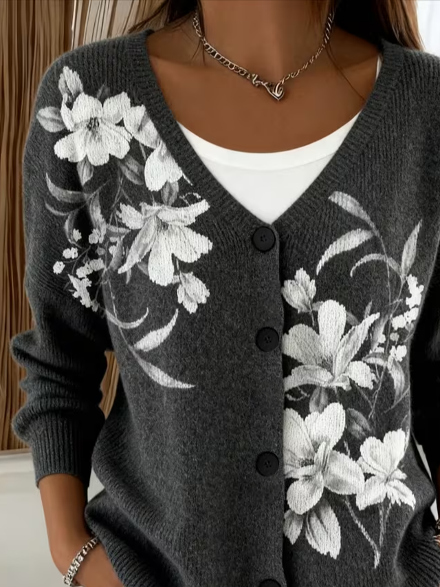 Women's Floral Print Casual V-Neck Cardigan