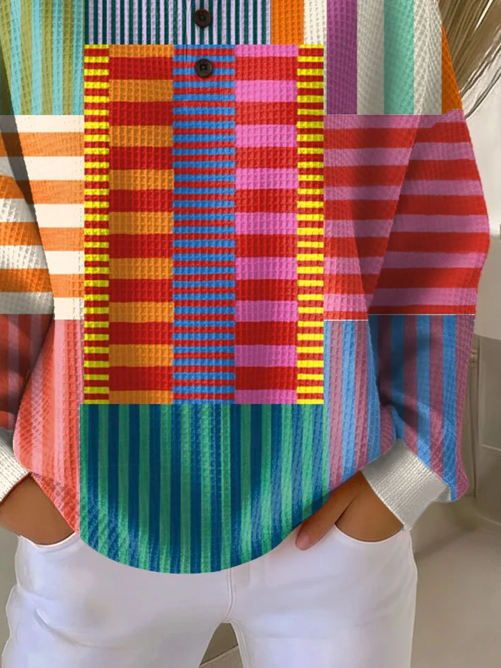 Women's Abstract Print Button-Up Casual Waffle Knit Sweatshirt