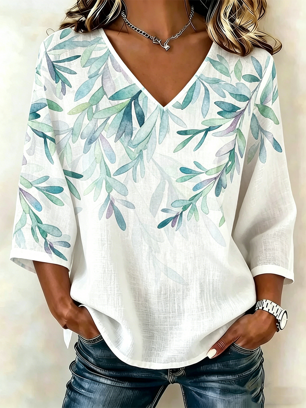 Casual V Neck Leaf Loose Blouse