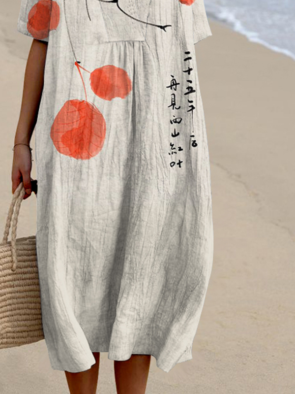 Vintage Ink Wash Painting V Neck Casual Midi Dress