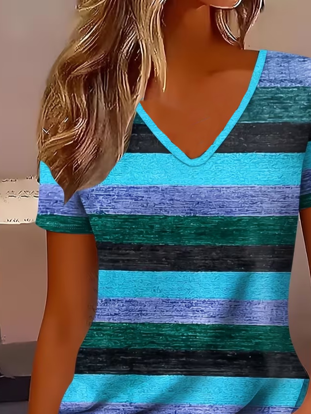 Women's Short Sleeve T-shirt Summer Purple Striped Printing V Neck Holiday Going Out Vintage Top