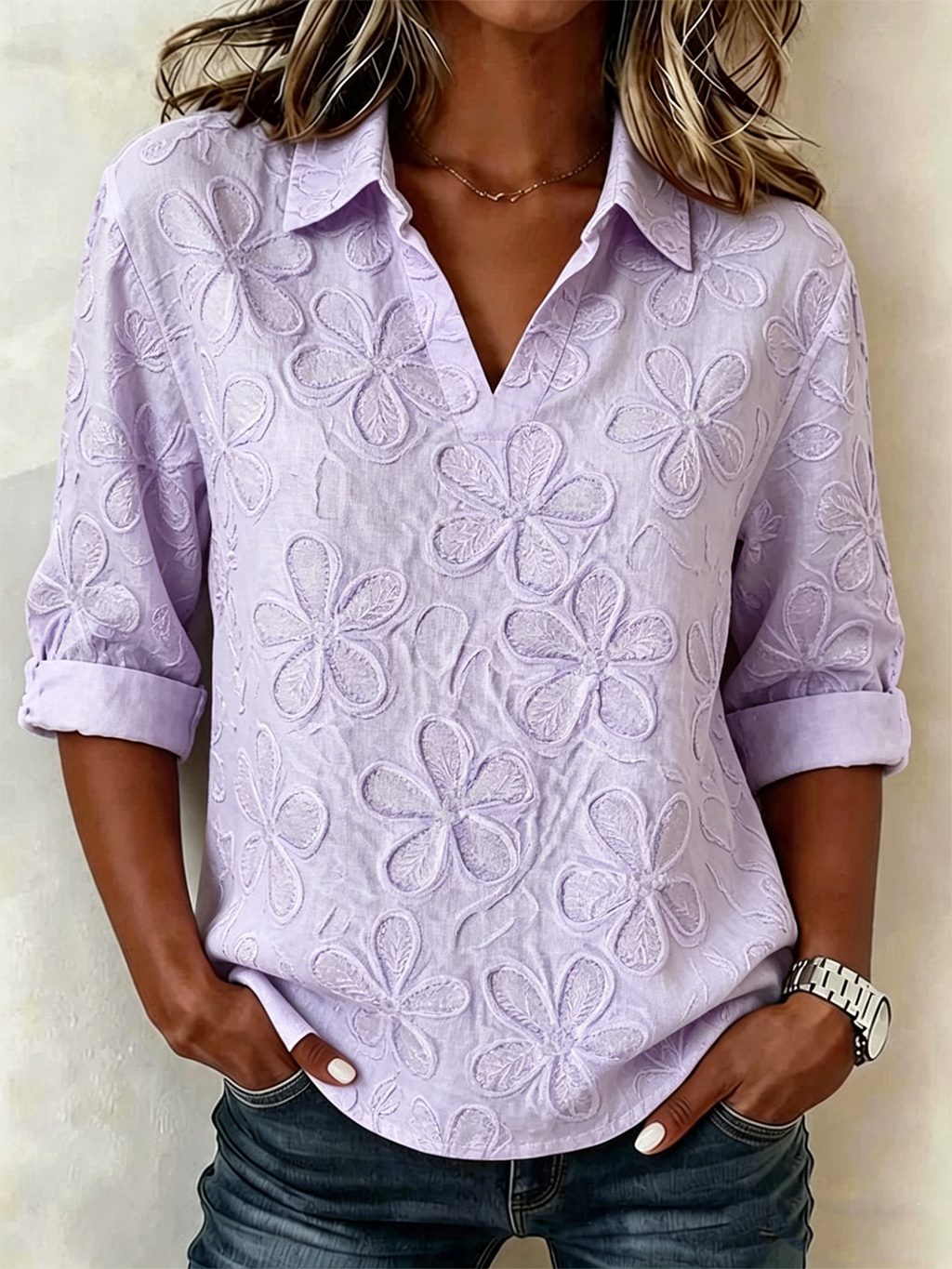 Floral Elegant Loose Shawl Collar Shirt