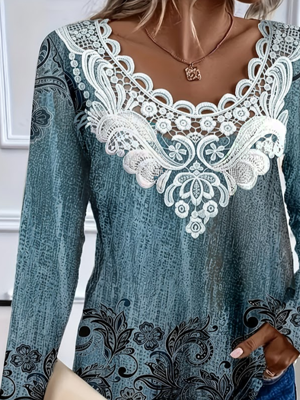Women's Long Sleeve T-shirt Spring/Fall Blue Floral Printing Crew Neck Daily Going Out Casual Top