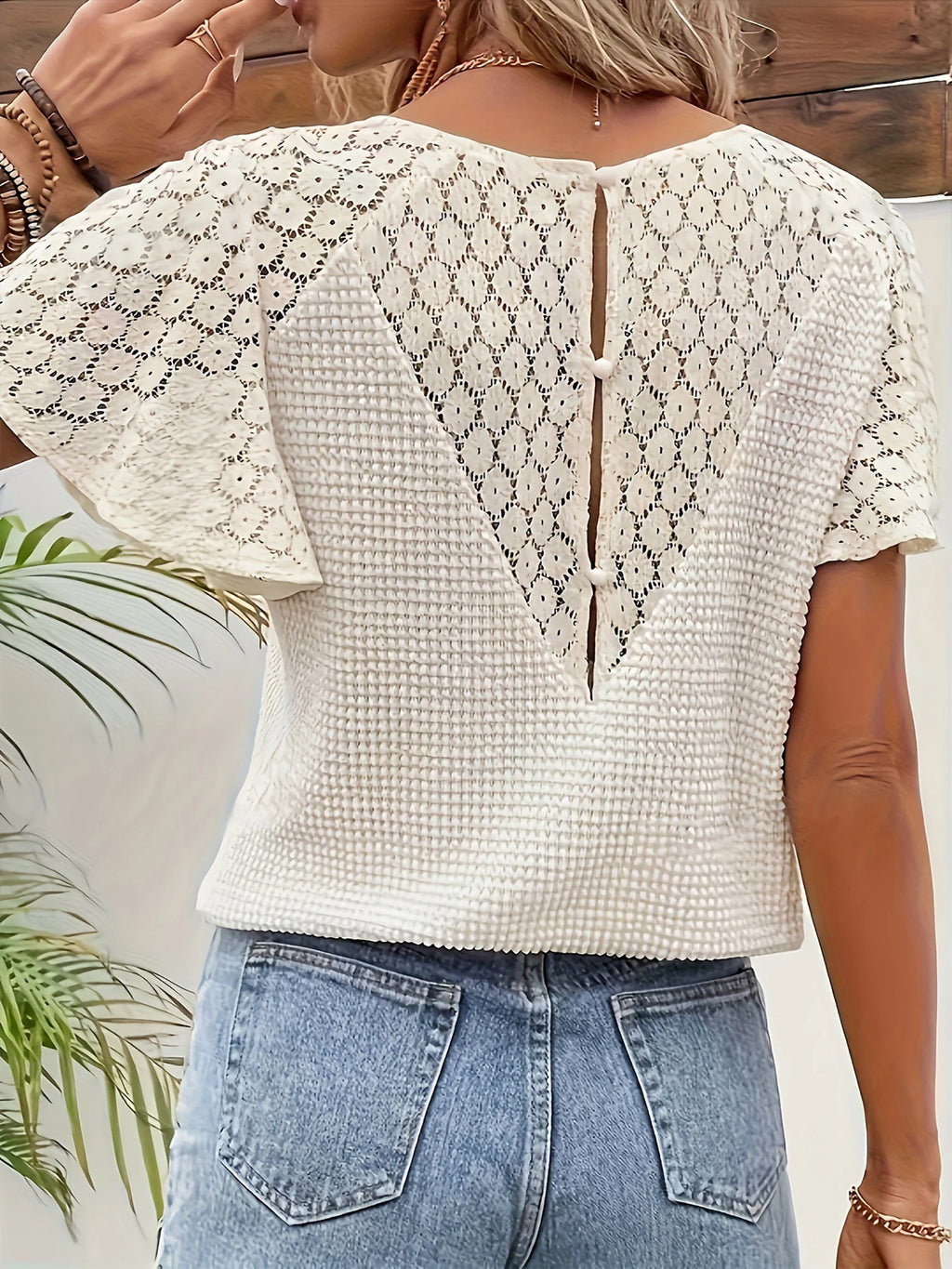 Jersey Lace Block V Neck Spring Short Sleeve Summer Going Out Casual T-Shirt