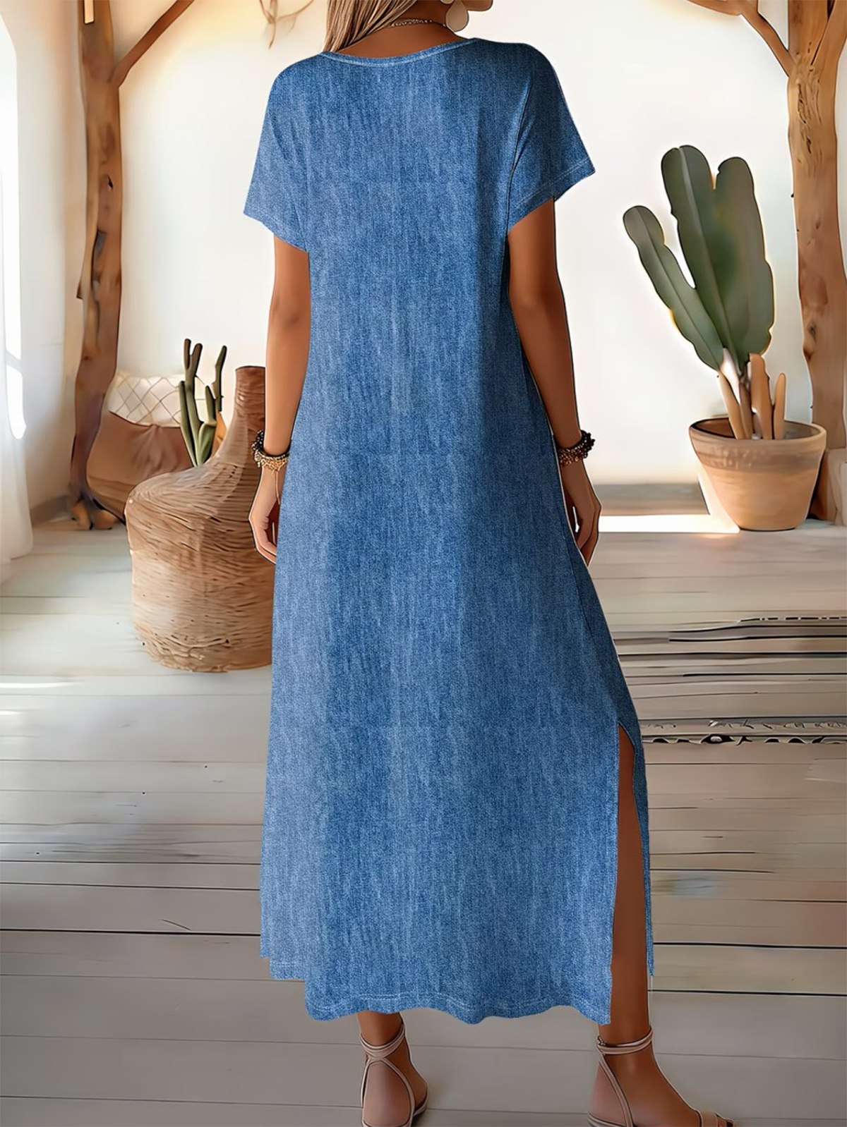 Vintage Crew Neck Faux Denim Print Graphic Dress With No
