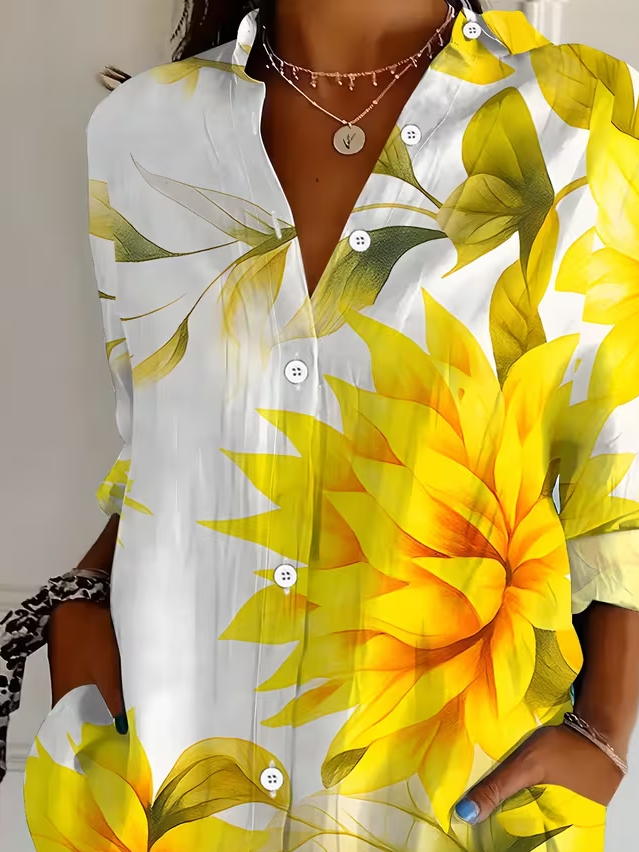 Women's Long Sleeve Shirt Spring/Fall Yellow Floral Buckle Shirt Collar Regular Sleeve Daily Going Out Casual Top