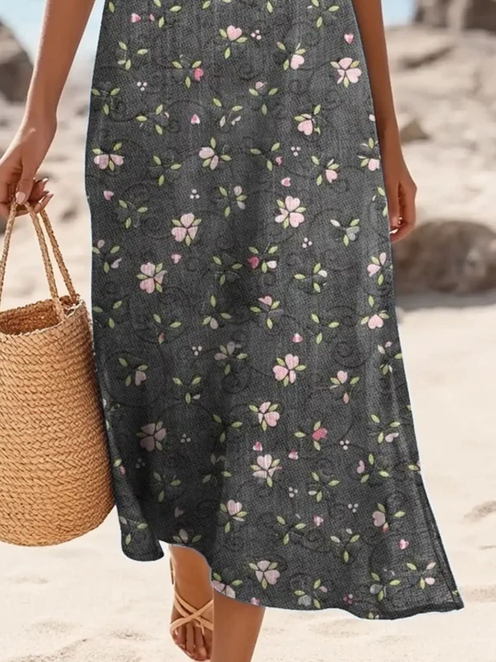 Women’s Charcoal Floral Print Sleeveless Round Neck Maxi Boho Beach Dress